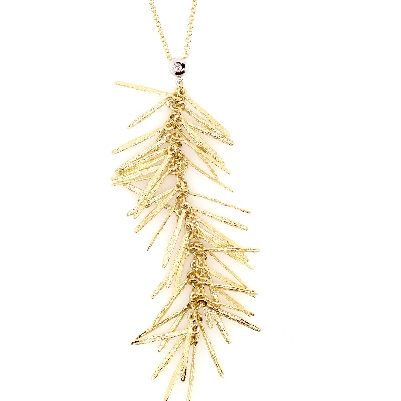 Estate Divino 18 Karat Yellow Leaf Stick Pendant  Suspended On A 16" Oval Link Chain